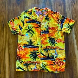Hawaiian style shirt, sunset, palm trees, sailboat, beach, Repulica Dominicana